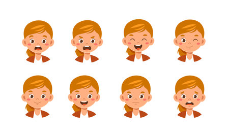 Female teacher heads set. Educational worker with different emotions. Pack of characters with various feelings. Design elements for creating animations. Cute woman. Flat vector collectionのイラスト素材