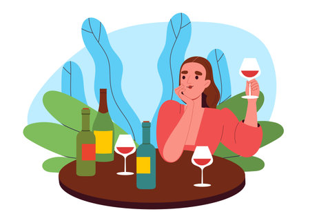 Woman trying alcohol. Young girl sits in cafe or restaurant with glass and bottles of wine. Visitor with alvoholic drink or beverage. Flat vector illustrationのイラスト素材
