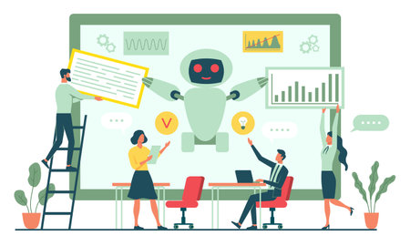 People using AI technology. Office employees use artificial intelligence tools to analyze business...