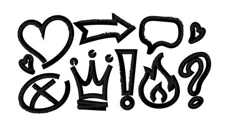 Brush drawn symbols set. Heart, arrow, crown and speech bubble. Hand drawn sketches pack. Doodles and scribbles. Template and layout. Linear vector collectionのイラスト素材