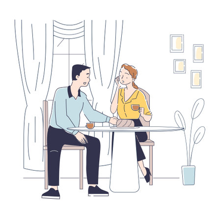 Couple drinking tea. Man and woman sitting with mugs of hot drink. Romantic date and meeting at home. People with coffee at kitchen. Linear vector illustrationのイラスト素材
