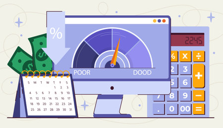 Credit score concept. Computer monitor near calculator. Financial literacy, budgeting and accounting. Bank gauge indicator program. Flat vector illustrationのイラスト素材