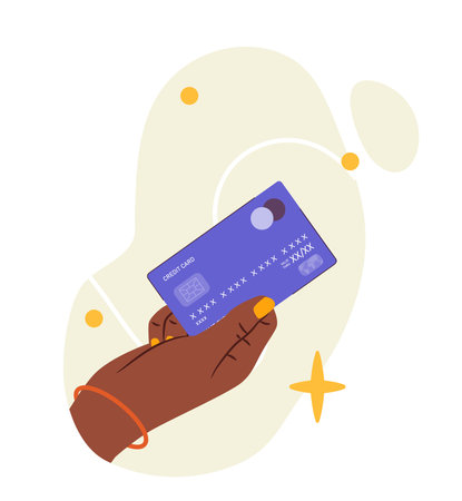 Hand with money. Arm with blue bank debit card. Payments and transactions. Financial deals and agreements. Cashless transfers. Flat vector illustrationのイラスト素材