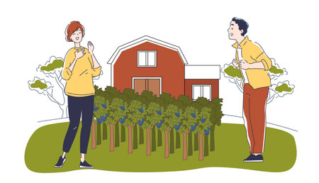 People with vineyard. Man and woman near grape plantation. Agriculture and farming. Happy farmers family with crop and harvest. Linear vector illustrationのイラスト素材