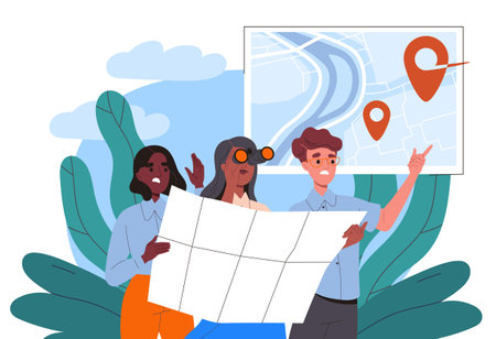 People look at map. Man and women planning route. Tourists and travelers guided by locality. Travels and tourism. Explorers with map. Flat vector illustrationのイラスト素材
