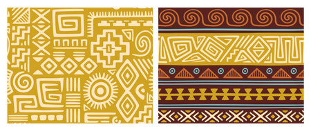 Ethnic seamless patterns. Abstract repeating tribal ornament with hand drawn shapes and elements. Design for printing on fabric and wallpaper. Flat vector illustration setのイラスト素材