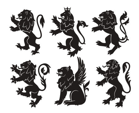Set of Royal heraldic lions. Black silhouette of rampant lion and griffins for logo or coat of arms. Premium wild animal crest symbols. Flat vector illustration collectionのイラスト素材