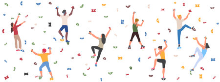 People climbing up in bouldering park. Men and women athletes climb up artificial mountain with ledges and rocks. Characters doing extreme sports. Flat vector illustration setのイラスト素材