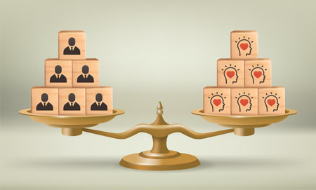 Work life balance. Banner with business task and mental health on scales. Psychological support at workplace to increase employee productivity. Realistic 3D vector illustrationのイラスト素材