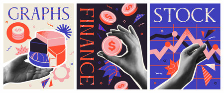 Set of posters in halftone style. Trendy collage with hand holding coins and stock market charts and graphs. Business and Finance. Realistic vector illustration collectionのイラスト素材