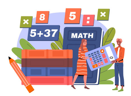 Books on mathematics. Man and woman sitting near huge stack of textbooks. Students with math lesson. Education, learning and training. Flat vector illustrationのイラスト素材