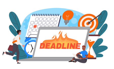 Deadline at work. Men near laptop, calendar and clock. Poor time management and ineffective work flow. Nervous workers and employees. Flat vector illustrationのイラスト素材