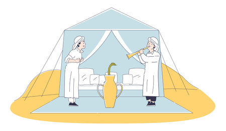 Tent in desert. Arabs with trumpet play music for snake. Ethnic iranian muslims. Scene from United Arab Emirate and Egypt. Linear vector illustrationのイラスト素材