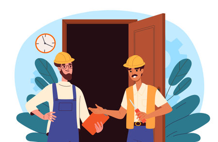 Men repair doors. Young guys in uniform with screwdriver near doorway. Renovation and repair. Handsome repairmen and handymen. Flat vector illustrationのイラスト素材