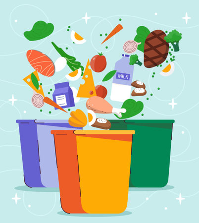 Food waste concept. Waste processing, recycling and reuse. Reducing emissions of harmful waste into atmosphere. Garbage disposal. Flat vector illustrationのイラスト素材