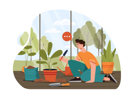 Man in greenhouse. Young guy with spatula near flower pots with tropical foliage. Gardening and horticulture, botany. Greenery and orangery. Flat vector illustrationのイラスト素材