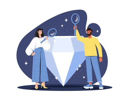People with diamond. Man and woman with magnifying glass evaluate precious gem and brilliant. Aesthetics and elegance. Team of jewellers. Flat vector illustrationのイラスト素材