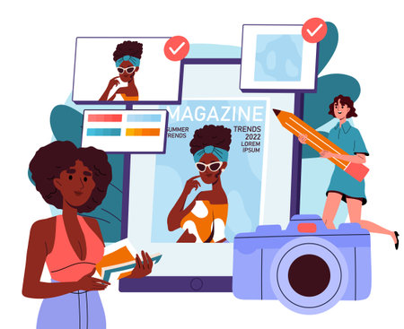 People design magazines. Women on trendy covers. Designers and editors. Fashion, trend and style. Aesthetics and elegance. Flat vector illustrationのイラスト素材
