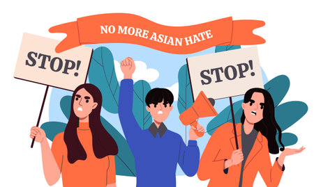 No more asian hate. Man with loudspeaker and women with placards. Protest of dissatisfied citizens. Tolerance and unity, equality. Flat vector illustrationのイラスト素材
