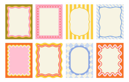 Set of frames with wavy edges. Trendy doodle borders with geometric patterns and curved shapes. Abstract design elements for invitations. Flat vector illustration collectionのイラスト素材