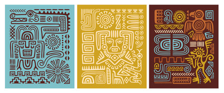 Ethnic posters set. Posters with ancient Aztec drawings, tribal ornaments and Navajo symbols. Design elements for interior. Hand drawn vector illustration collectionのイラスト素材