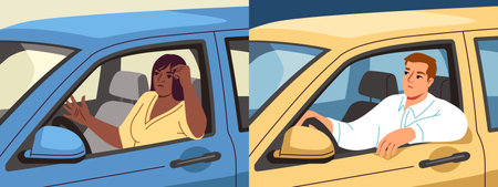 Set of people in traffic jam. Sad man and woman sitting behind car wheel and waiting for movement in rush hour. Unhappy drivers. Road situation and traffic accident. Flat vector illustrationのイラスト素材