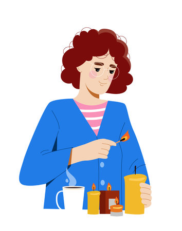 Autumn activity concept. Woman ignite candles with stickmatch. Girl with fall season. Comfort and coziness indoors. Poster or banner. Flat vector illustrationのイラスト素材