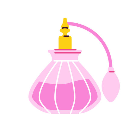 Perfume concept. Pink fragrance and cologne. Beauty, elegance and aesthetics. Bottle of eau de toilette. Graphic element for website. Flat vector illustrationのイラスト素材