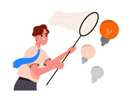 Businessperson at work. Businessman with net carch light bulbs. Entrepreneur with idea for start up or business project. Poster or banner. Flat vector illustrationのイラスト素材