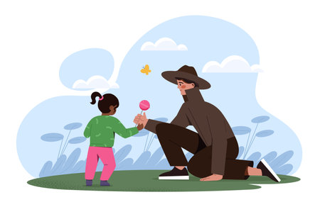 Dangerous man with girl. Guy in black clothes give lollipop to shoolgirl. Criminal person kidnapping child or kid. Danger outdoors. Flat vector illustrationのイラスト素材