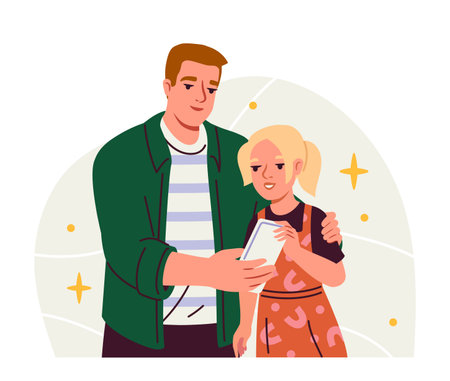Family with smartphone. Girl with father with mobile phone in hands. Parent and kid with gadget and device. Social media sticker. Flat vector illustrationのイラスト素材