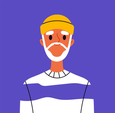 Trendy user avatar. Elderly man in casual clothes. Beauty, aesthetics and elegance. Profile in social networks and messengers. Flat vector illustrationのイラスト素材