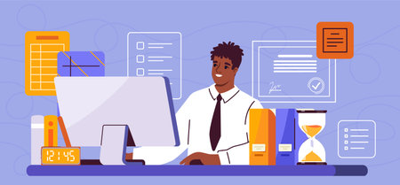 Lawyer with computer. Man with computer work at legal cases. Jurisprudence and legal support of business. Employee at workplace. Attorney or Prosecutor. Flat vector illustrationのイラスト素材