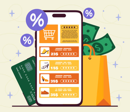 Online shopping at smartphone. Mobile phone near shopping bags with banknotes. Cashless transfers and transactions, ecommerce. Buying shoes at mobile application. Flat vector illustrationのイラスト素材
