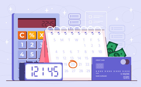 Salary payment concept. Calculator near calendar and banking card. Financial litearcy and passive income. Earnings and profit. Employee payment day. Flat vector illustrationのイラスト素材