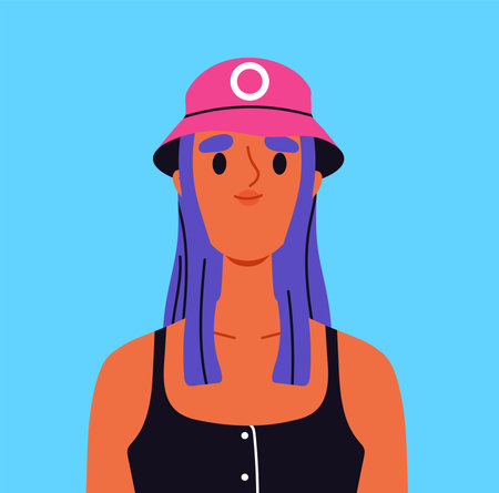 Trendy user avatar. Portrait of woman in pink hat with blue hairs. Beauty, aesthetics and elegance....