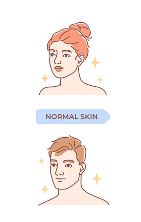 Skin condition infographics. Man and woman with normal skin. Derma and epidermis. Anatomy and biology. Educational materials. Linear vector illustrationのイラスト素材