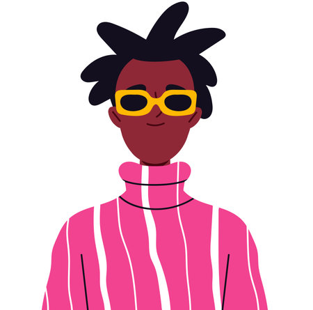 Trendy user avatar. Portrait of african american man in sunglasses. Beauty, aesthetics and elegance. Profile in social networks and messengers. Flat vector illustrationのイラスト素材