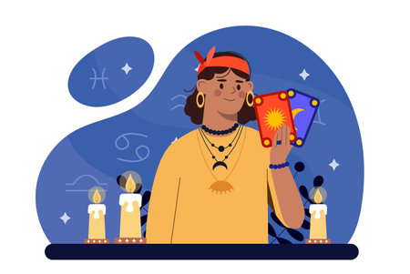 Woman with tarot cards. Fortune teller with magical equipment. Clairvoyant with candles. Magic and fantasy, sorcery, witchcraft. Flat vector illustrationのイラスト素材