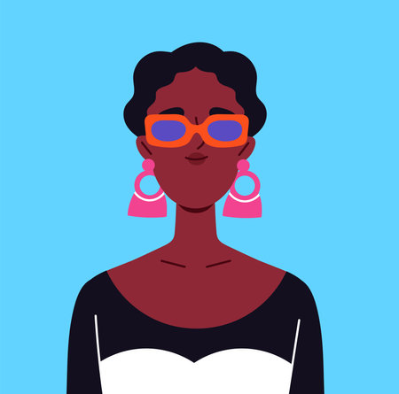 Trendy user avatar. Portrait of african american woman in sunglasses. Beauty, aesthetics and elegance. Profile in social networks and messengers. Flat vector illustrationのイラスト素材