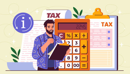Tax inspector man. Young guy stands near calculator. Financial literacy. Man calculates tax on income or company profits. Businessman with accounting and budgeting. Flat vector illustrationのイラスト素材
