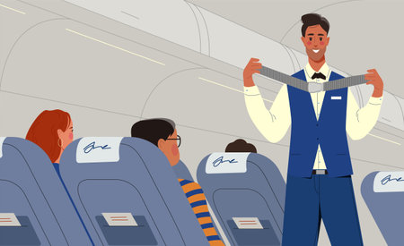 People inside plane. Steward or pilot in airplane give instructions to passengers. Travel and vacation, trip and flight. Safety protocol. Poster or banner. Flat vector illustrationのイラスト素材