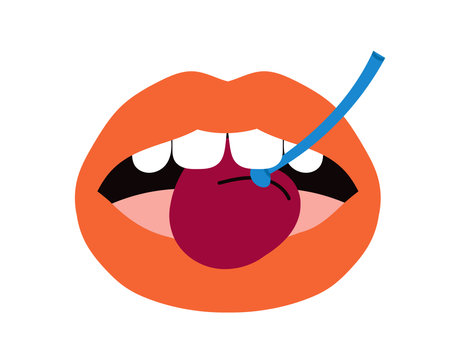 Woman lips sticker. Sexy female mouth with lipstick and cherry. Beauty aesthetics and elegance. Sticker for social networks. Flat vector illustrationのイラスト素材