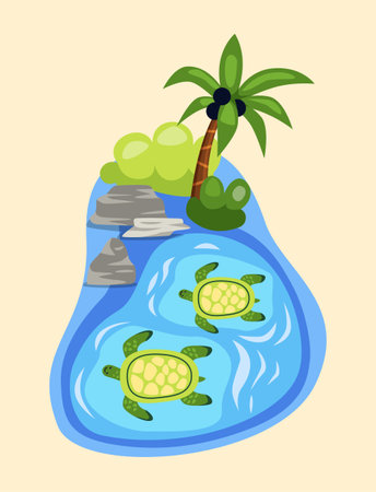 Zoo map. Turtles swim in water. Wildlife Park or menagerie with African Animals. Savanna Safari. Charming Jungle Inhabitants. Cartoon vector illustrationのイラスト素材