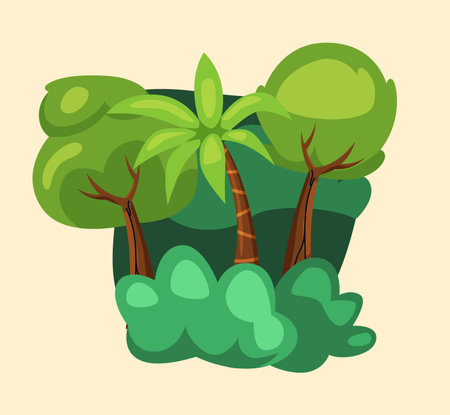 Zoo map. Tropical and exotic trees. Sticker with dense lush jungle or wild African forest. Nature and Wildlife Environment. Cartoon vector illustrationのイラスト素材