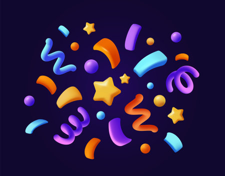 3D Confetti. Colorful elements of carnival fireworks or popper paper. Festive serpentine with stars and abstract figures for holiday celebration. Realistic vector illustrationのイラスト素材