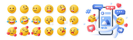 Set of 3d emoji. Funny yellow emoticons in various points of view. Charming faces expressing different emotions and feelings. Social Media Design. Realistic vector illustrationのイラスト素材