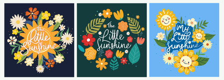 Little sunshine slogan set. Cute botanical posters with adorable lettering, blooming flowers, green leaves and plants. Design for greeting card. Flat vector illustration collectionのイラスト素材