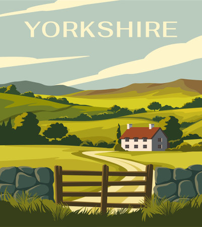 Travel destination poster. Beautiful natural landscape of Yorkshire in Britain. Rural scenery with green fields, hills, forest and village house. Tourism and journey. Cartoon flat vector illustrationのイラスト素材
