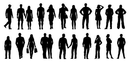 Silhouettes of different People. Set of black figures of men and women in casual and office clothes. Front view of standing characters. Flat vector illustration collectionのイラスト素材